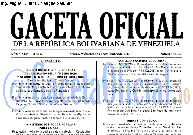 Gaceta Oficial 41235 del 13 septiembre 2017 Gaceta Oficial 41235 del 13 septiembre 2017