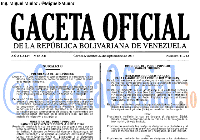 Gaceta Oficial 41242 del 22 septiembre 2017 Gaceta Oficial 41242 del 22 septiembre 2017