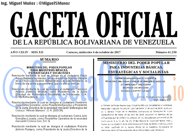 Gaceta Oficial 41250 del 4 octubre 2017 Gaceta Oficial 41250 del 4 octubre 2017