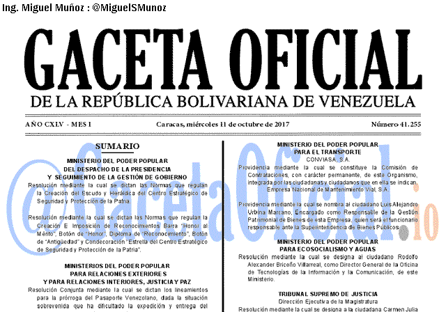 Gaceta Oficial 41255 del 11 octubre 2017 Gaceta Oficial 41255 del 11 octubre 2017