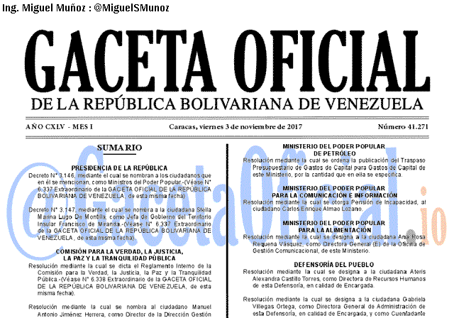 Gaceta Oficial 41271 del 3 noviembre 2017 Gaceta Oficial 41271 del 3 noviembre 2017