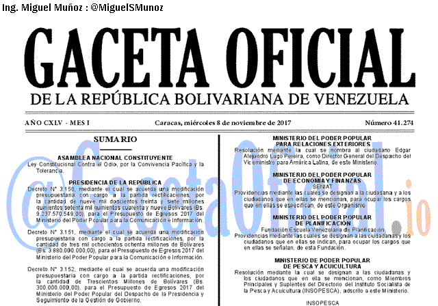 Gaceta Oficial 41274 del 8 noviembre 2017 Gaceta Oficial 41274 del 8 noviembre 2017