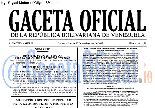 Gaceta Oficial 41290 del 30 noviembre 2017 Gaceta Oficial 41290 del 30 noviembre 2017