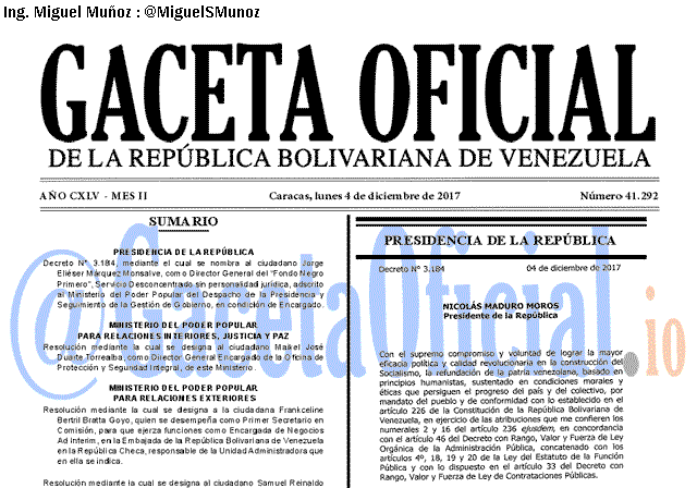 Gaceta Oficial 41292 del 4 diciembre 2017 Gaceta Oficial 41292 del 4 diciembre 2017