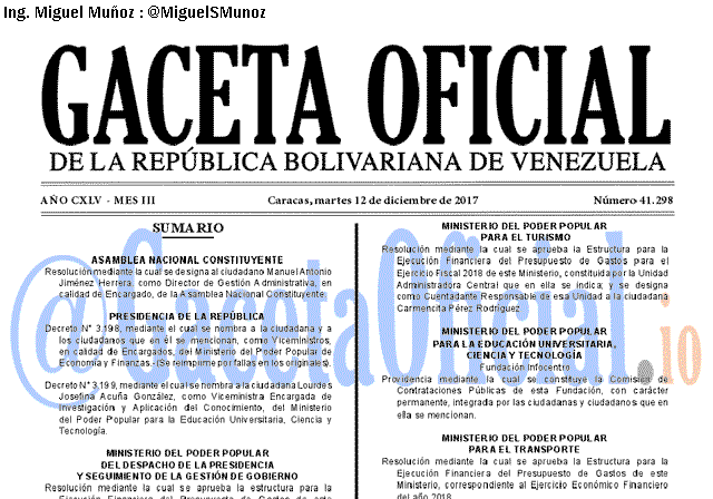 Gaceta Oficial 41298 del 12 diciembre 2017 Gaceta Oficial 41298 del 12 diciembre 2017