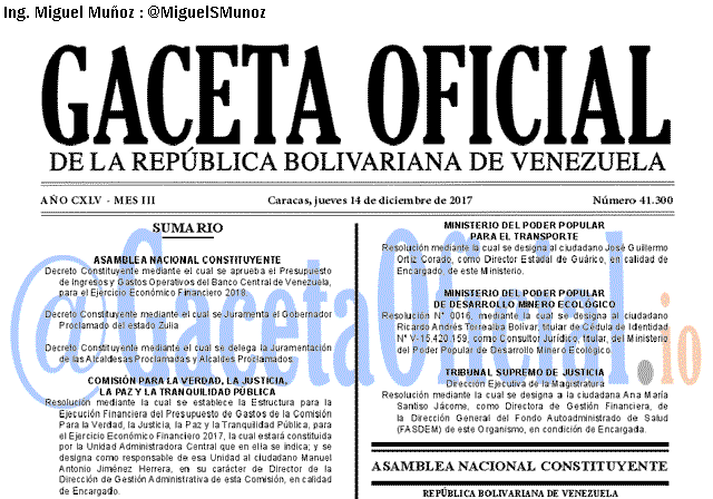 Gaceta Oficial 41300 del 14 diciembre 2017 Gaceta Oficial 41300 del 14 diciembre 2017