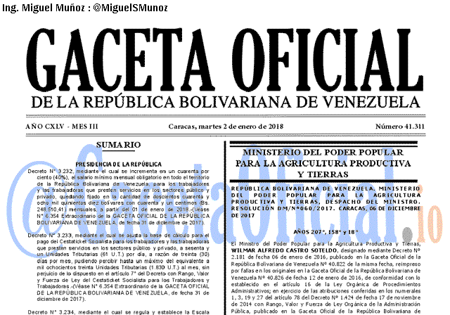 Gaceta Oficial 41311 del 2 enero 2018 Gaceta Oficial 41311 del 2 enero 2018