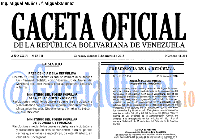 Gaceta Oficial 41314 del 5 enero 2018 Gaceta Oficial 41314 del 5 enero 2018