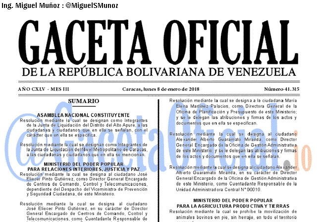 Gaceta Oficial 41315 del 8 enero 2018