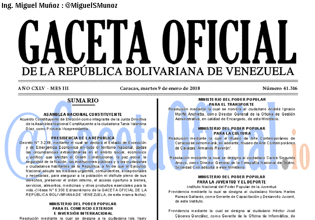 Gaceta Oficial 41316 del 9 enero 2018 Gaceta Oficial 41316 del 9 enero 2018