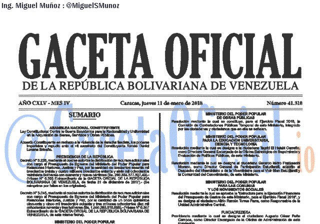 Gaceta Oficial 41318 del 11 enero 2018 Gaceta Oficial 41318 del 11 enero 2018