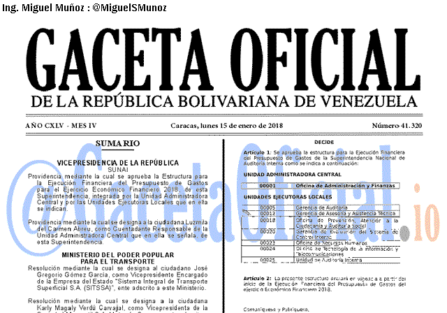 Gaceta Oficial 41320 del 15 enero 2018