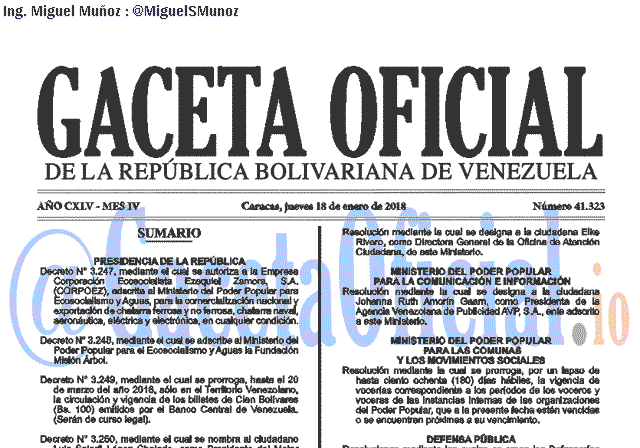 Gaceta Oficial 41323 del 18 enero 2018