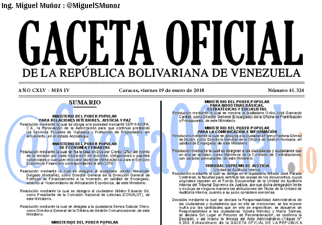 Gaceta Oficial 41324 del 19 enero 2018 Gaceta Oficial 41324 del 19 enero 2018