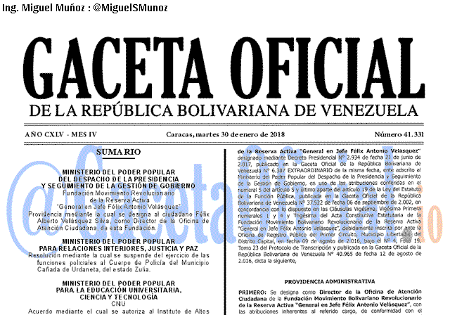 Gaceta Oficial 41331 del 30 enero 2018