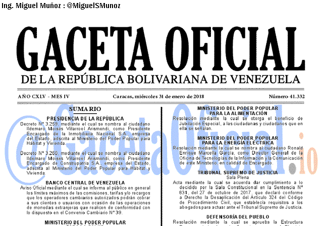 Gaceta Oficial 41332 del 31 enero 2018 Gaceta Oficial 41332 del 31 enero 2018