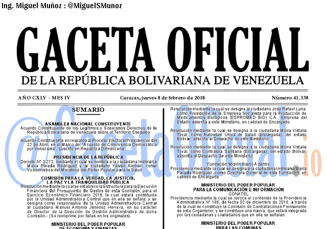 Gaceta Oficial 41338 del 8 Febrero 2018 Gaceta Oficial 41338 del 8 Febrero 2018