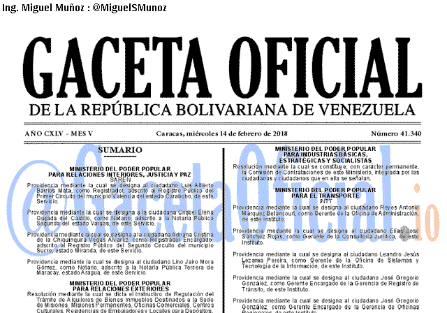 Gaceta Oficial 41340 del 14 febrero 2018