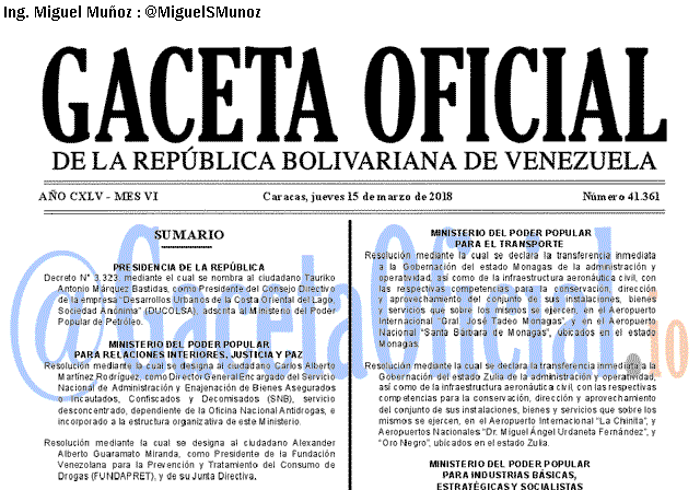 Gaceta Oficial 41361 del 15 marzo 2018 Gaceta Oficial 41361 del 15 marzo 2018