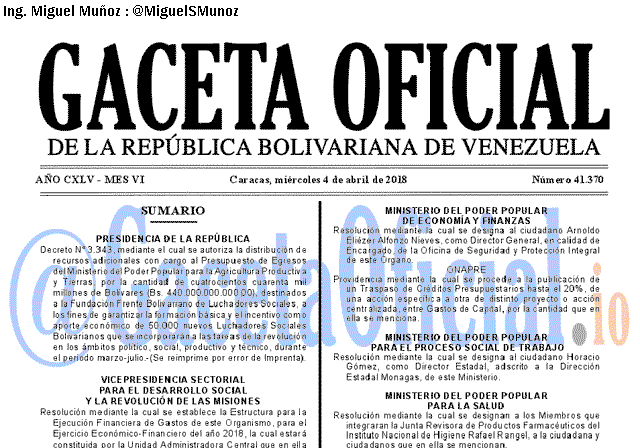 Gaceta Oficial 41370 del 4 abril 2018 Gaceta Oficial 41370 del 4 abril 2018