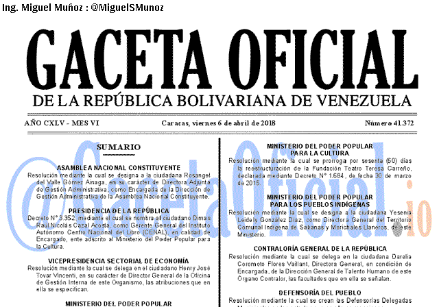 Gaceta Oficial 41372 del 6 abril 2018 Gaceta Oficial 41372 del 6 abril 2018