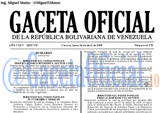 Gaceta Oficial 41378 del 16 abril 2018 Gaceta Oficial 41378 del 16 abril 2018