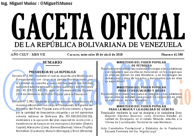 Gaceta Oficial 41380 del 18 abril 2018