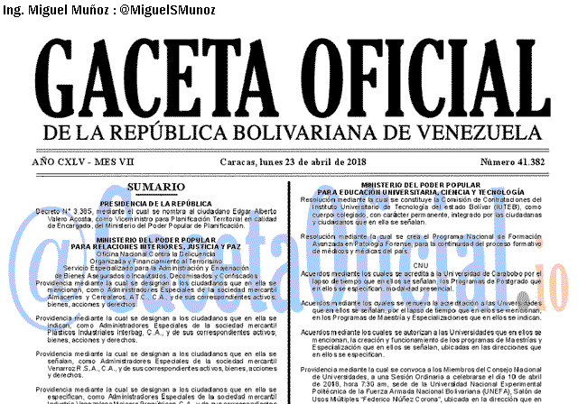 Gaceta Oficial 41382 del 23 abril 2018 Gaceta Oficial 41382 del 23 abril 2018