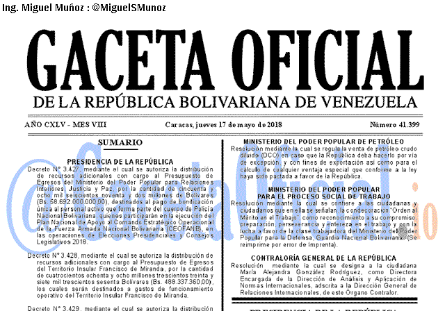 Gaceta Oficial 41399 del 17 mayo 2018 Gaceta Oficial 41399 del 17 mayo 2018