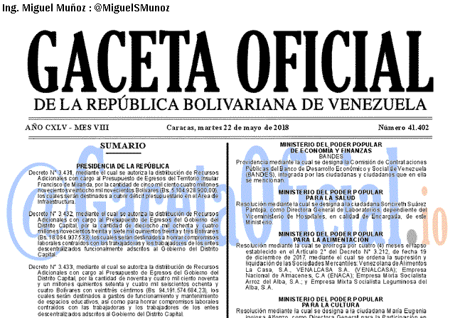 Gaceta Oficial 41402 del 22 mayo 2018 Gaceta Oficial 41402 del 22 mayo 2018