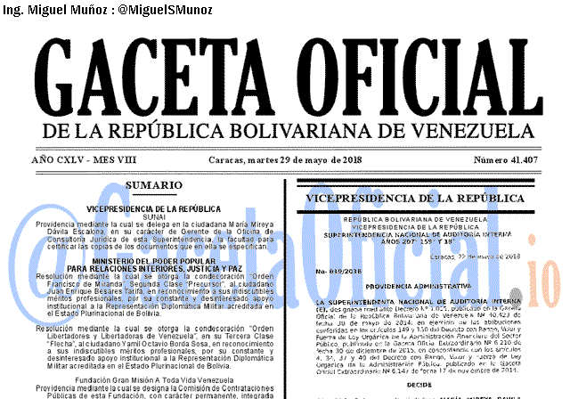 Gaceta Oficial 41407 del 29 mayo 2018 Gaceta Oficial 41407 del 29 mayo 2018