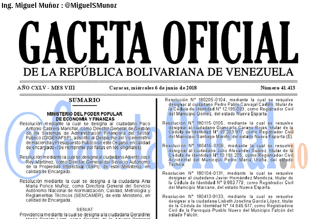 Gaceta Oficial 41413 del 6 junio 2018 Gaceta Oficial 41413 del 6 junio 2018