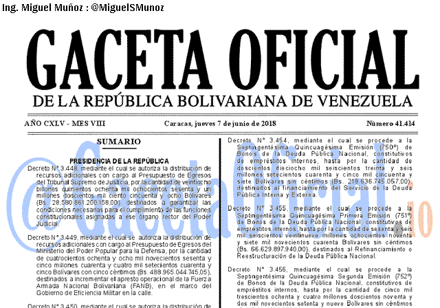 Gaceta Oficial 41414 del 7 junio 2018 Gaceta Oficial 41414 del 7 junio 2018