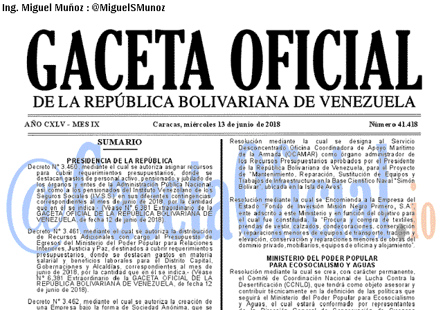 Gaceta Oficial 41418 del 13 junio 2018 Gaceta Oficial 41418 del 13 junio 2018