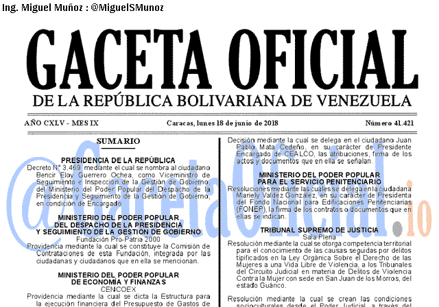 Gaceta Oficial 41421 del 18 junio 2018 Gaceta Oficial 41421 del 18 junio 2018