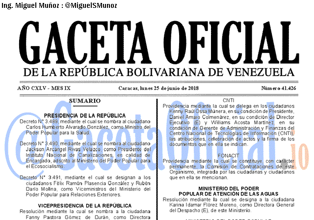Gaceta Oficial 41426 del 25 junio 2018 Gaceta Oficial 41426 del 25 junio 2018