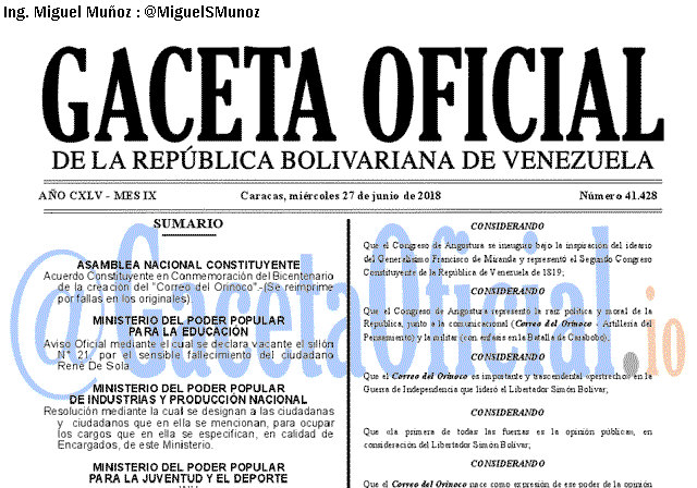 Gaceta Oficial 41428 del 27 junio 2018 Gaceta Oficial 41428 del 27 junio 2018