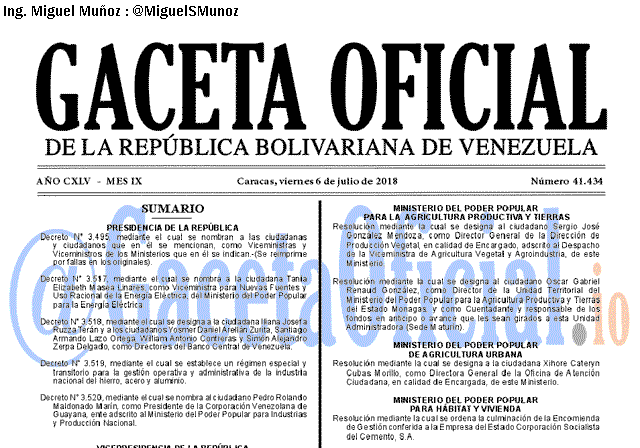 Gaceta Oficial 41434 del 6 julio 2018 Gaceta Oficial 41434 del 6 julio 2018
