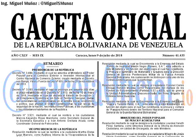 Gaceta Oficial 41435 del 9 julio 2018 Gaceta Oficial 41435 del 9 julio 2018
