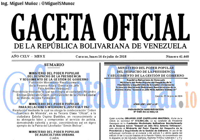 Gaceta Oficial 41440 del 16 julio 2018 Gaceta Oficial 41440 del 16 julio 2018