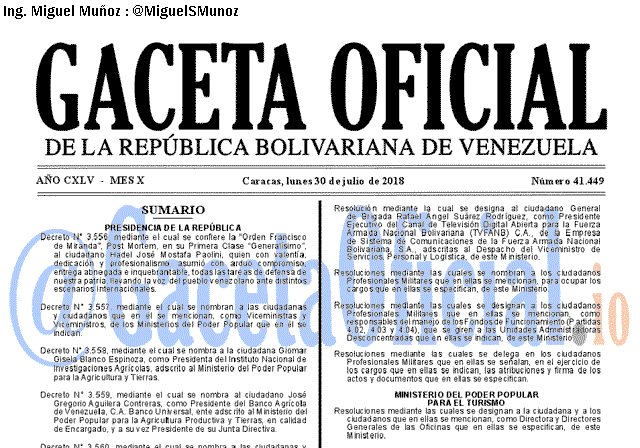 Gaceta Oficial 41449 del 30 julio 2018 Gaceta Oficial 41449 del 30 julio 2018