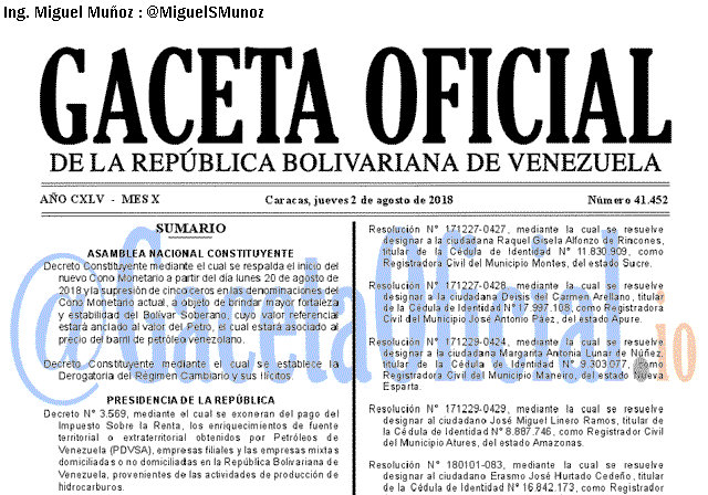 Gaceta Oficial 41452 del 2 Agosto 2018 Gaceta Oficial 41452 del 2 Agosto 2018