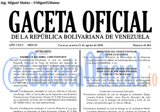 Gaceta Oficial 41464 del 21 Agosto 2018 Gaceta Oficial 41464 del 21 Agosto 2018