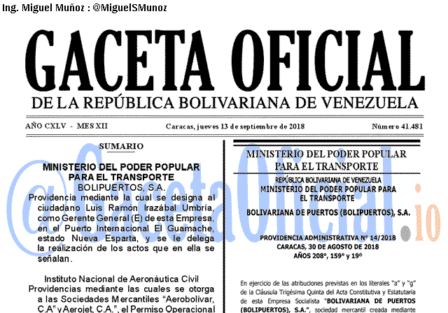 Gaceta Oficial 41481 del 13 septiembre 2018 Gaceta Oficial 41481 del 13 septiembre 2018
