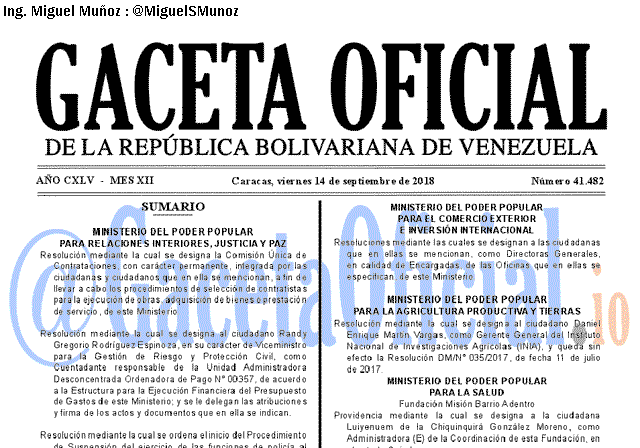 Gaceta Oficial 41482 del 14 Septiembre 2018 Gaceta Oficial 41482 del 14 Septiembre 2018