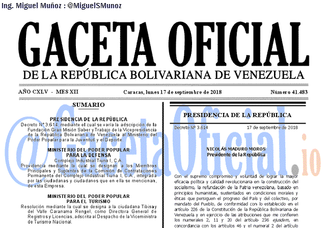 Gaceta Oficial 41483 del 17 Septiembre 2018 Gaceta Oficial 41483 del 17 Septiembre 2018