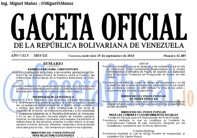 Gaceta Oficial 41485 del 19 Septiembre 2018 Gaceta Oficial 41485 del 19 Septiembre 2018