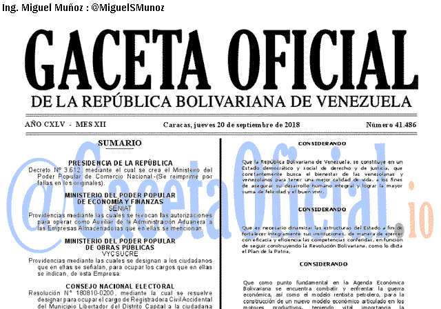 Gaceta Oficial 41486 del 20 Septiembre 2018 Gaceta Oficial 41486 del 20 Septiembre 2018