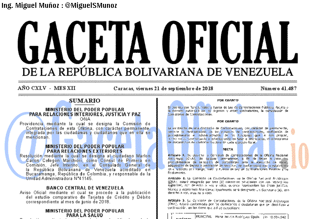 Gaceta Oficial 41487 del 21 Septiembre 2018 Gaceta Oficial 41487 del 21 Septiembre 2018