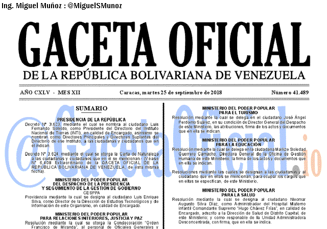 Gaceta Oficial 41489 del 25 Septiembre 2018 Gaceta Oficial 41489 del 25 Septiembre 2018